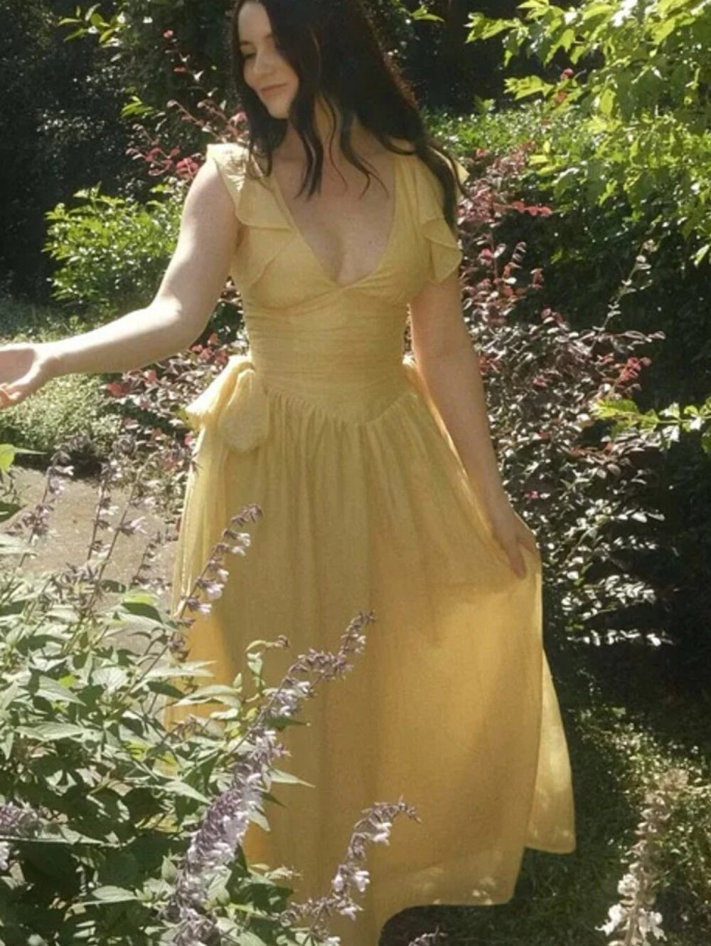 NWT Selfie Leslie Elsewhere Waist Bows Yellow V-Neck Flutter Sleeve Maxi Dress S - Picture 2 of 6